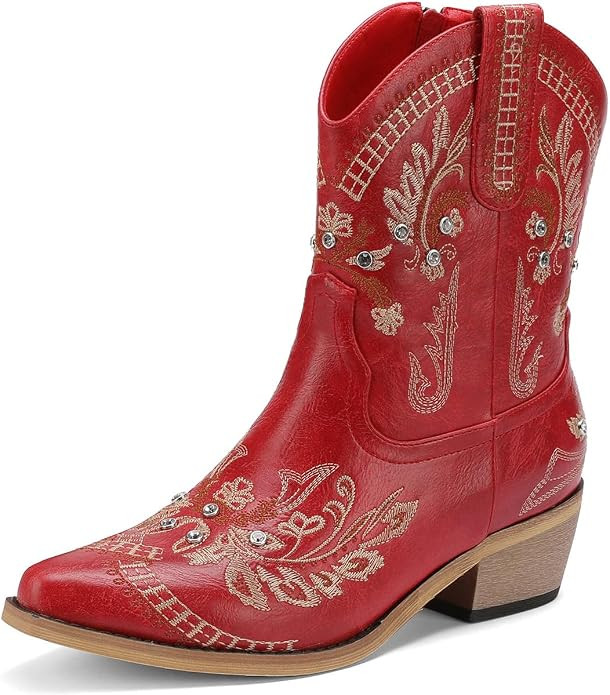 Rhinestone Ankle Cowboy Boots for Women Embroidered Short Cowgirl Boots with Low Heel Side Zipper... | Amazon (US)