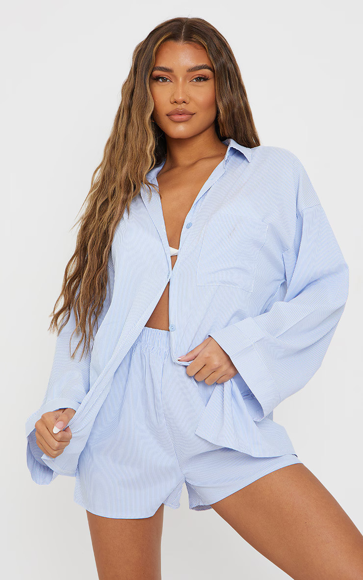 Light Blue Pinstripe Woven Balloon Sleeve Oversized Shirt | Pretty Little Thing (Australia & New Zealand)