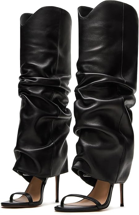 Yishaweiqi Slouched Ruched Knee High Heels for Women Round Open Toe Stiletto Heels Pull On Wide C... | Amazon (US)