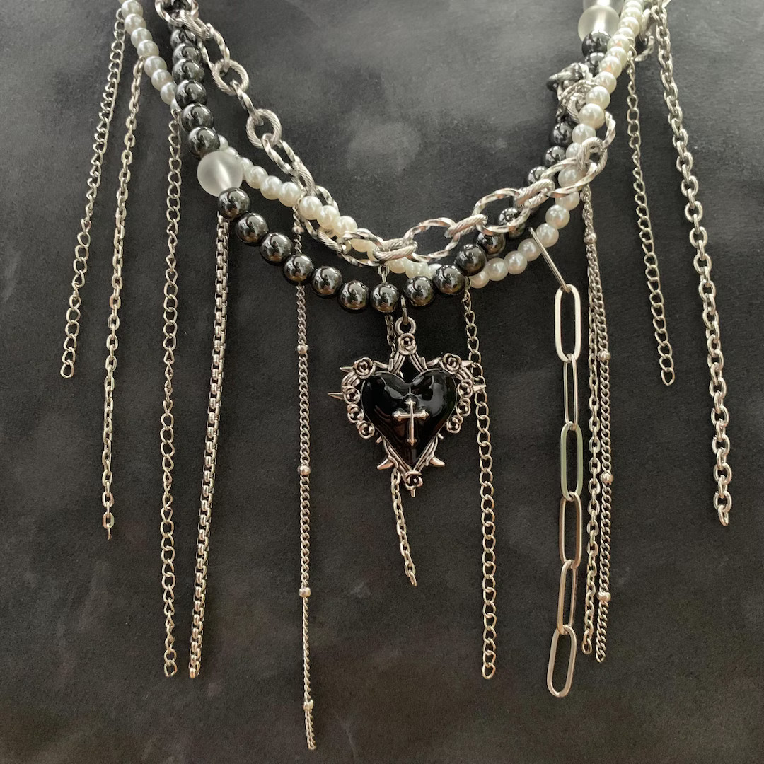 Grunge Necklace Multistrand Necklace With Black Spiked Heart Pendant, Pearl & Chain Layered Punk ... | Etsy (US)