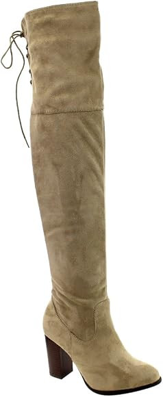 FC89 Women's Lace Up Back Stretchy Over The Knee Stacked Chunky Boots | Amazon (US)