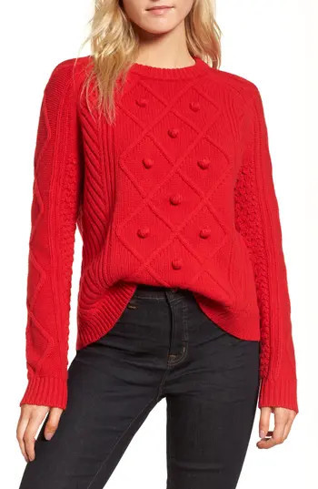 Women's J.crew Merino Wool Cable Pompom Sweater, Size X-Small - Red | Nordstrom