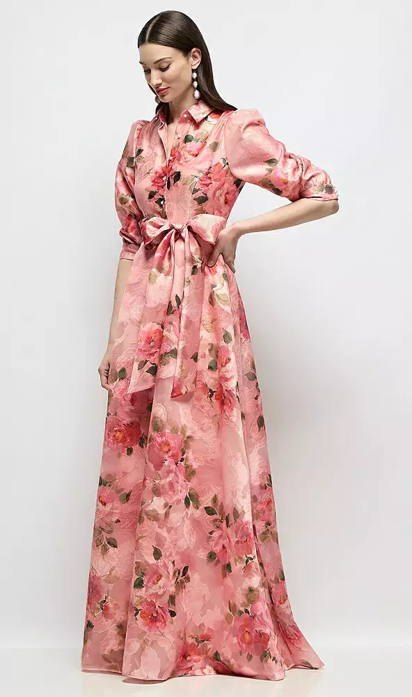 Floral Organza Jacquard Shirt Dress with Full Maxi Skirt & Sash in Guava Floral Print | Dessy Group