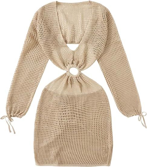 MakeMeChic Women's Long Sleeve Deep V Neck Hollow Out Knitted Cover Up Beach Dress Swimwear | Amazon (US)