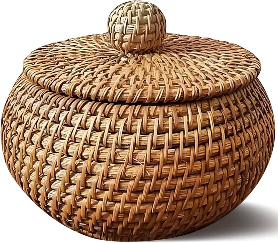 Round Wicker Storage Basket with Lid, Small Rattan Basket with Lid, Handmade Woven Organizer, 5.5... | Amazon (US)