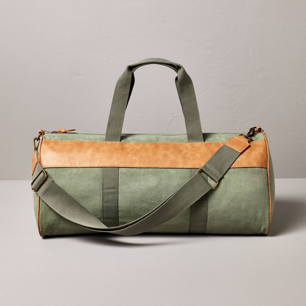 Waxed Canvas + Faux Leather Duffel Bag Green/Tan - Hearth & Hand™ with Magnolia | Target