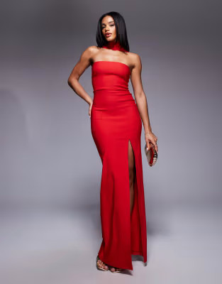 Vesper bengaline choker neck detail bandeau side split maxi dress in red | ASOS (Global)