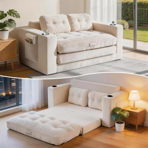FervorFurn Loveseat Sleeper Sofa Bed, Boneless Convertible Corduroy Pull Out Couch with Cup Holders and 2 Pillows, Space Saving Sofa Bed for Small Spaces, Living Room, Bedroom (Beige) | Amazon (US)
