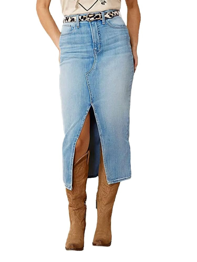 Flamingals Straight High Rise Vintage Zipped up Wash Split Thigh Midi Denim Skirt Without Belt | Amazon (US)