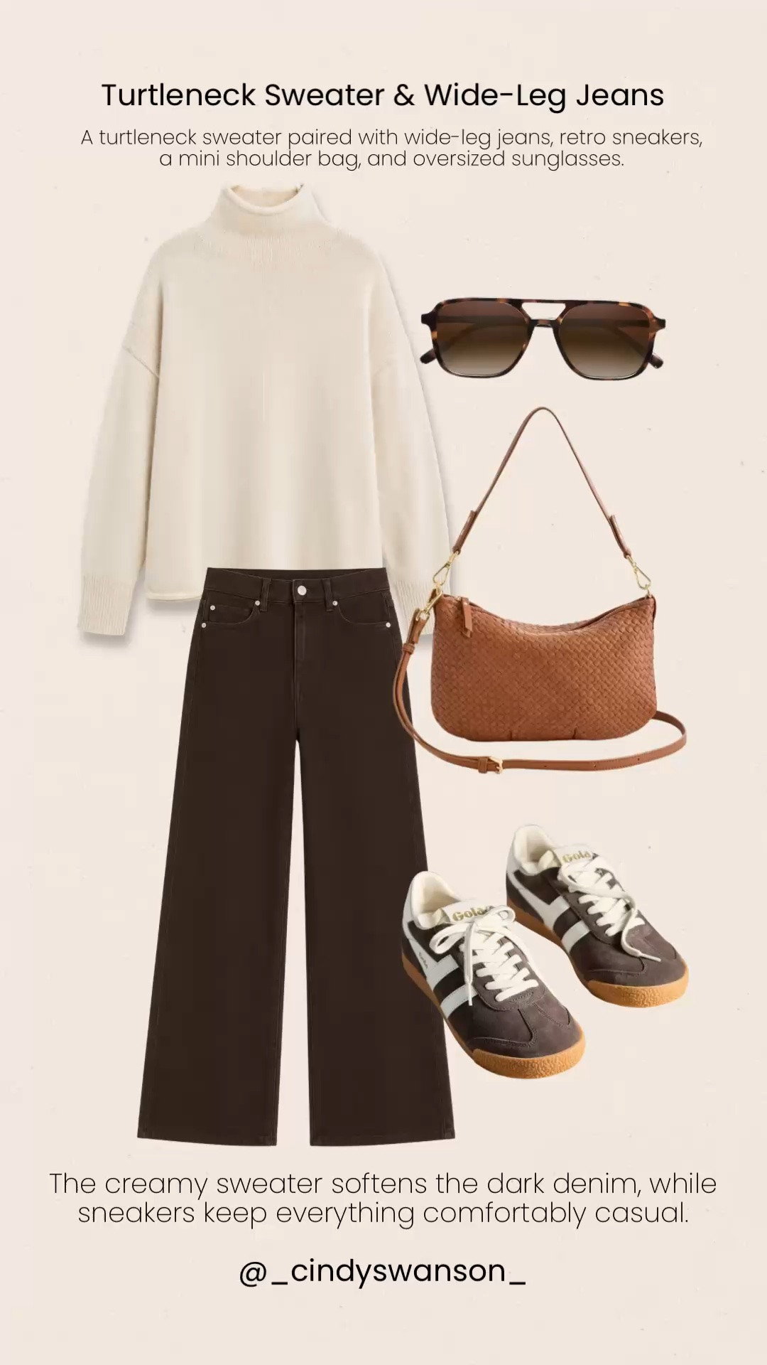 A creamy turtleneck sweater and dark wide-leg jeans are such a timeless combination. I love how the soft neutral sweater lightens the darker denim, while retro sneakers and a woven crossbody keep the look comfortable and polished for everyday wear.

💡 LTK MADE EASY
❤️ Heart = Support my posts!
🔖 Save = Get sale & restock alerts
📋 Lists = Keep favorites organized
📲 Share = Send lists and products to a friend. Hello, Christmas List!
💬 Comment = Ask me anything about what I’m wearing. :-)

#LTKootd #LTKOver40 #LTKgrwm