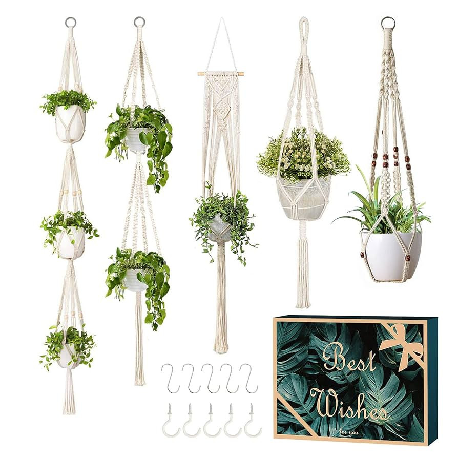 GROWNEER 5 Packs Macrame Plant Hangers with 5 Hooks, Different Tiers Handmade Cotton Rope Hanging... | Amazon (US)