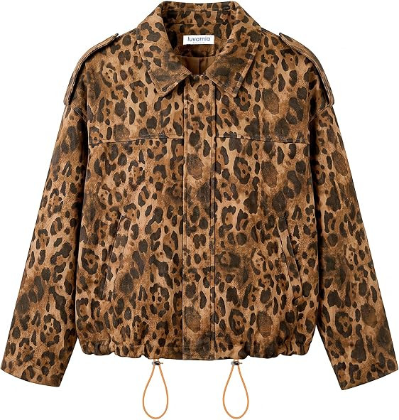 luvamia Faux Suede Leopard Jackets for Women Oversized Zip Up Bomber Coats | Amazon (US)