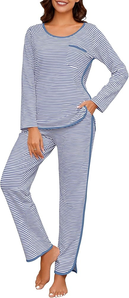 Womens Cotton Pajama Sets Stripe 2 Piece Lounge Set Long Sleeve Comfy Pj Sets Fall Loungewear Sle... | Amazon (US)