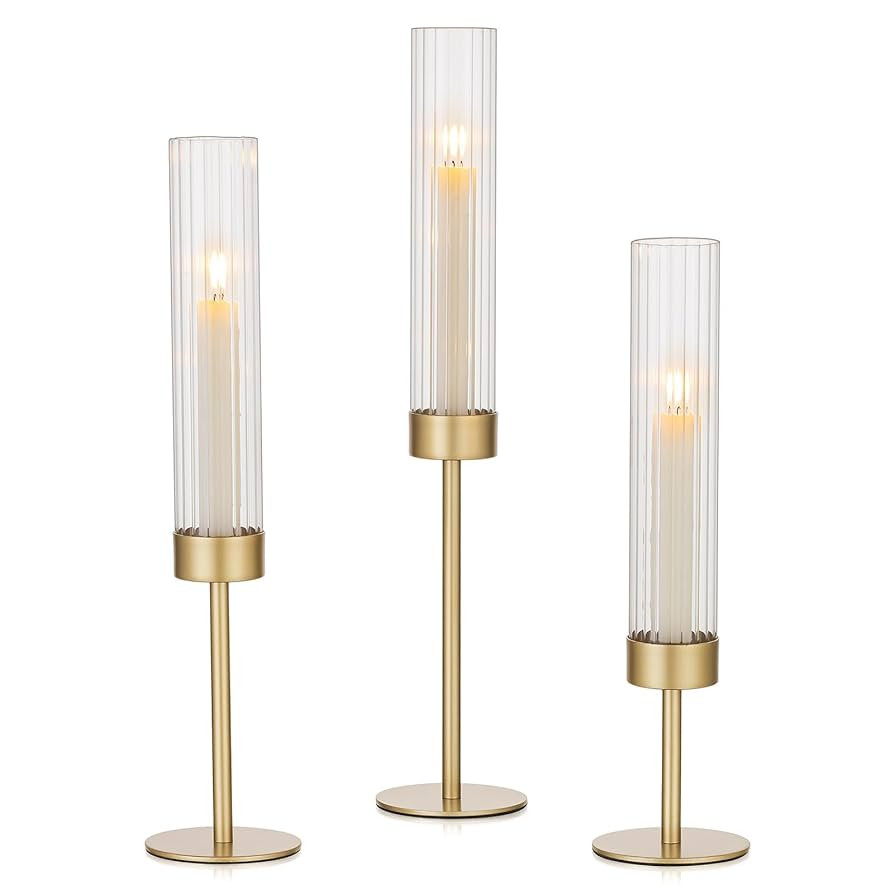 Hewory Gold Hurricane Candle Holders: Brass Candlestick Holders Set of 3 Tall Taper Candle Holder... | Amazon (US)