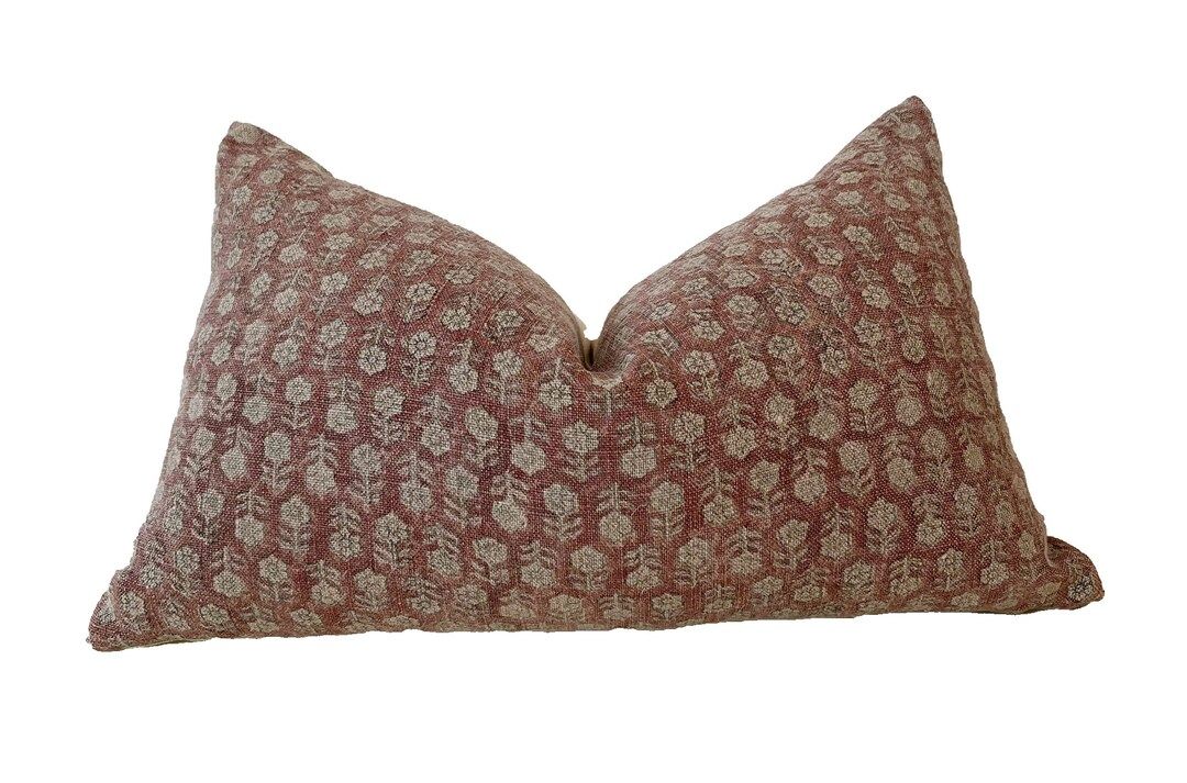 Block print linen pillow. Light Rusty floral pillow, lumbar pillow cover double sides same. 12x20... | Etsy (US)