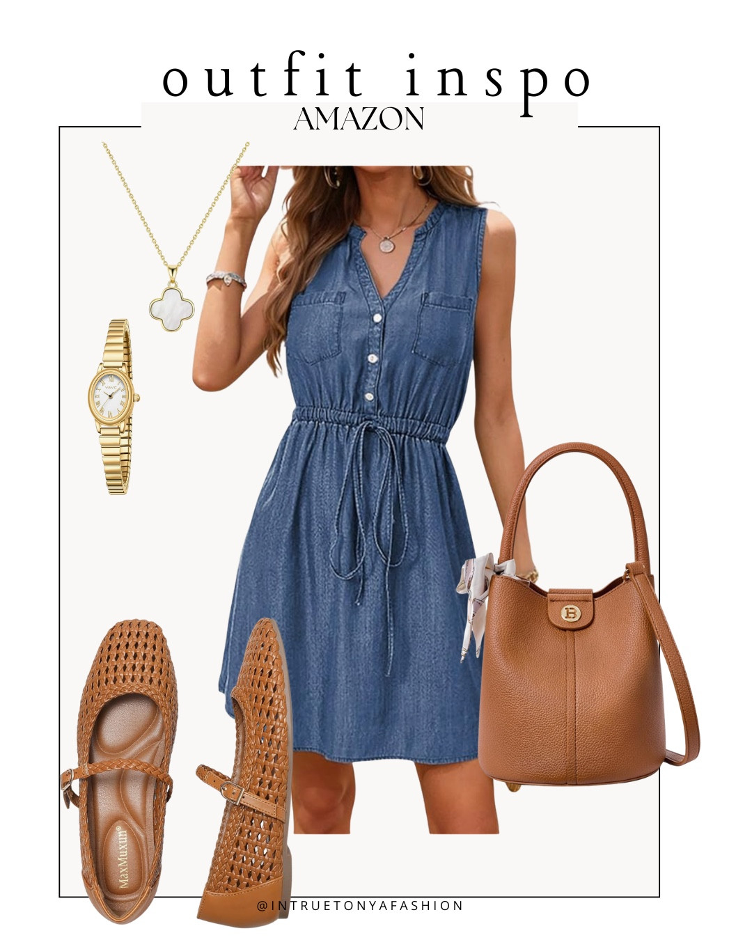 Chambray dress with brown ballet flats, brown bucket bag and gold jewelry 





Amazon outfits, summer outfit inspo, outfit ideas, casual outfits amazon, amazon outfits every day, spring outfits 2026, summer outfits, summer workwear, summer dress outfit, woven ballet flats 

#LTKPetite #LTKSaleAlert #LTKootd