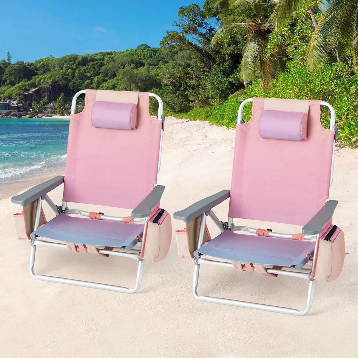 2-Pack Folding Backpack Beach Chair 5-Position Outdoor Reclining Chairs with Pillow Blue/Pattern/... | Target