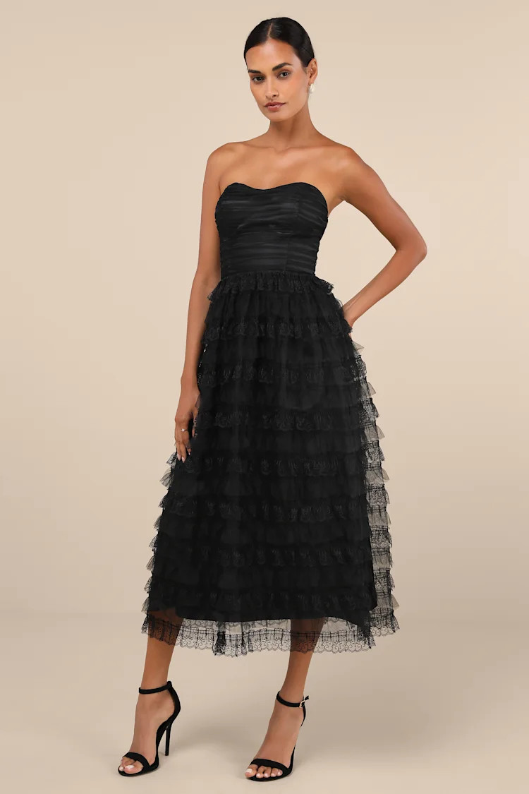 Immensely Exquisite Black Tulle Strapless Tiered Midi Dress | Lulus