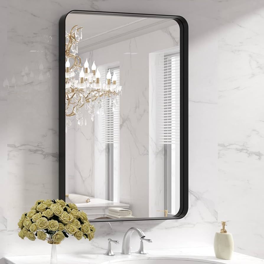 LOAAO Black Metal Framed Bathroom Mirror for Wall, 24X36 Inch Rounded Rectangle Mirror, Matte Bla... | Amazon (US)