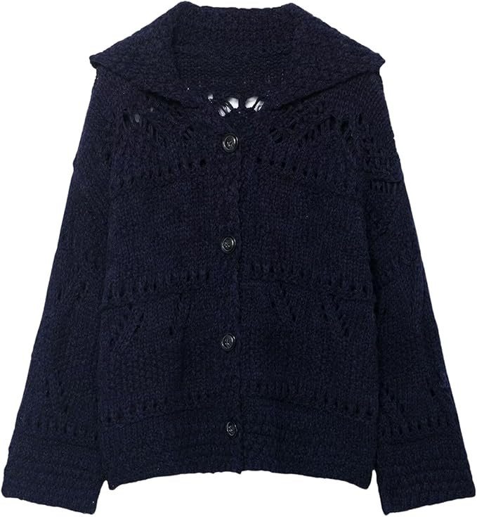 Chevara Women’s Pointelle Chunky Knit Cardigan Trendy Lapel Collar Long Sleeve Button Down Holl... | Amazon (US)