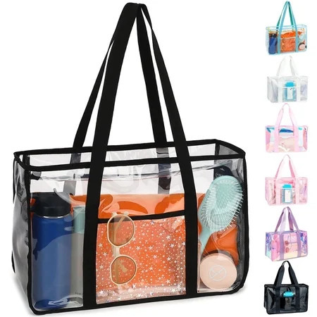 Large Clear Beach Bag , Plastic Beach Tote for Women & Girls,Pool Tote Bag With Zipper Closure, Waterproof, Sandproof,Cruise Vacation Essentials,Black | Walmart (US)