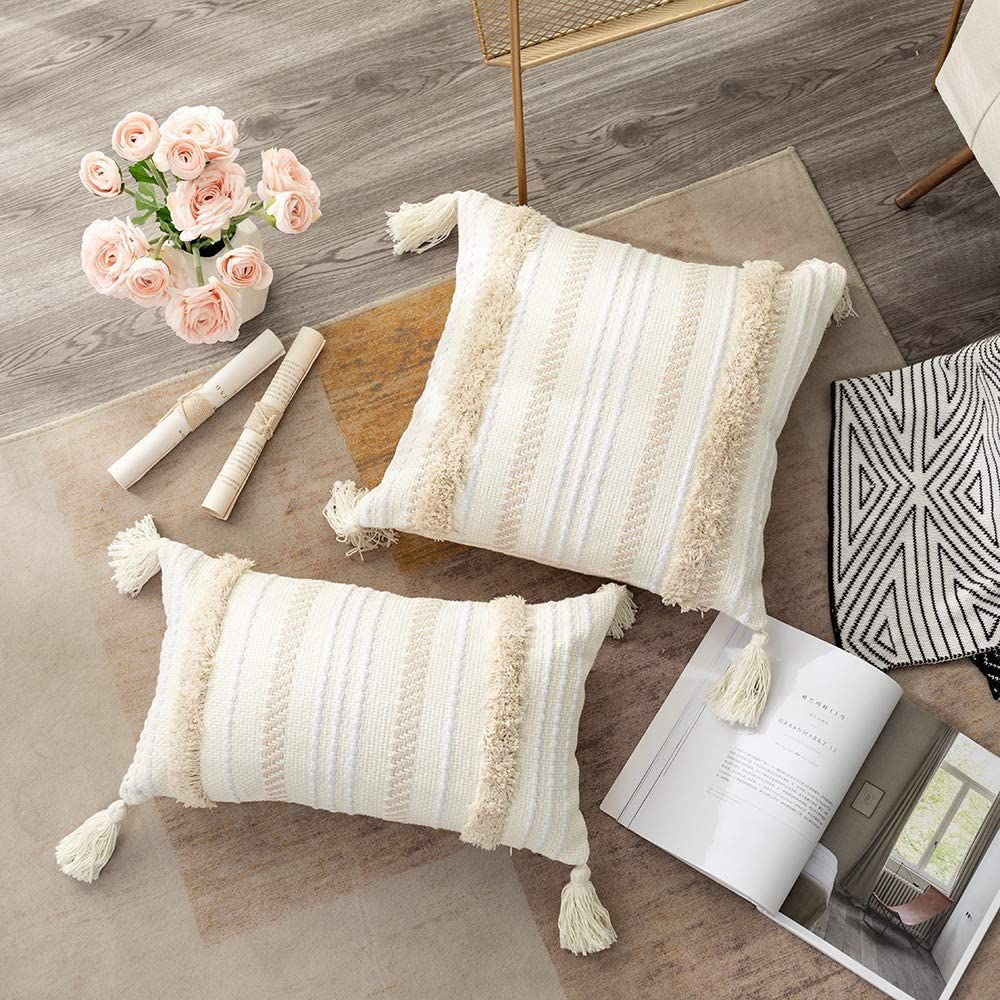 OJIA Lumbar Decorative Boho Throw Pillow Cover, 12 x 20 Farmhouse Cute Pillowcase Minimalist Neut... | Amazon (US)