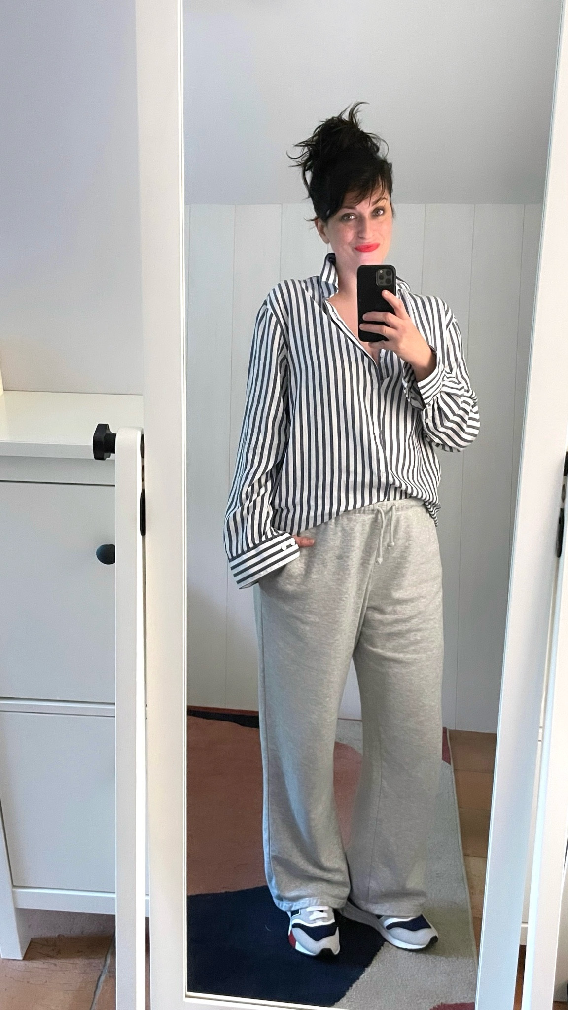 . Men striped tencel shirt #comptoirGL (similar, linked)
. Light heather grey flare sweatpants #hm (linked) 
. "Feed the flame" red matte lipstick #revlon (linked)
. U997R sneakers #newbalance (linked)


#LTKfrance #LTKautumn #LTKmidsize
