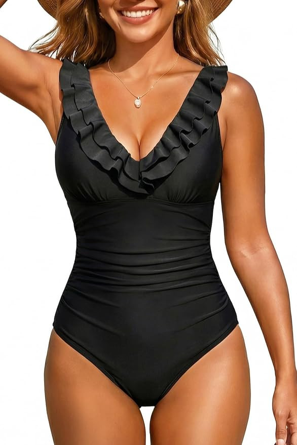 Holipick Women One Piece Swimsuits Tummy Control Bathing Suit Ruffle V Neck Swimwear Slimming Mon... | Amazon (US)