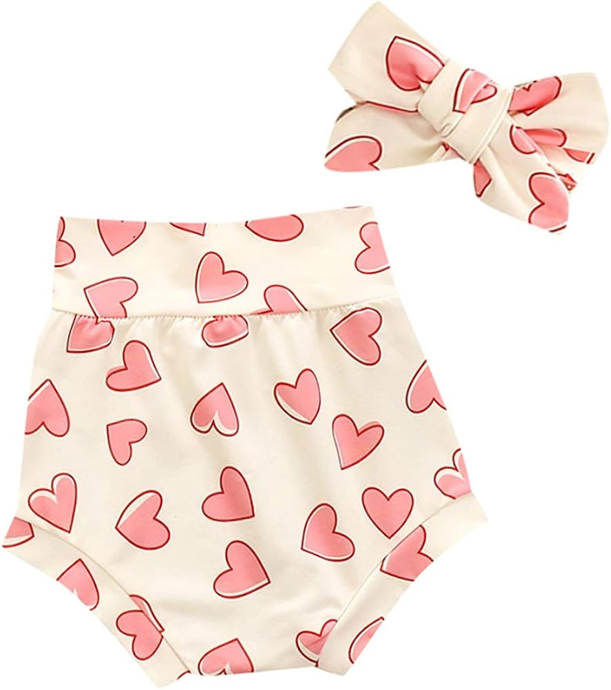 Newborn Baby Girl Bloomers Shorts High Waisted Diaper Cover Cute Headband Clothes Set | Amazon (US)
