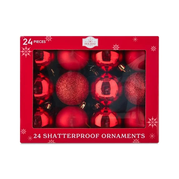 24-Count Red Shatterproof Multi-Textured Christmas Ornaments, 2.36 in, by Holiday Time | Walmart (US)