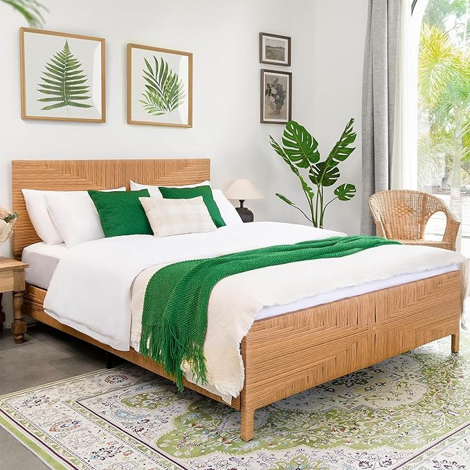 Yechen Boho Full Bed Frame with Headboard and Footboard, Hand-Woven Rattan Mid Century Modern Bed... | Amazon (US)