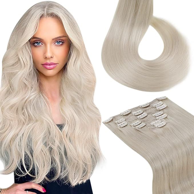 LAAVOO White Blonde Hair Extensions Real Human Hair Clip in 20in Double Weft Hair Extensions Blon... | Amazon (US)