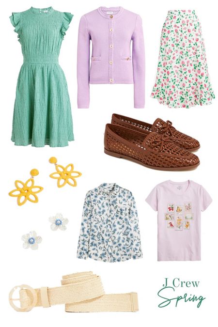 For spring, I’m loving pastels like the mint green dress and lilac cardigan sweater below. There’s no spring wardrobe without florals (or fruits, oddly enough), so I’m loving the skirt, earrings, and graphic tee as well. Shop these J Crew Factory new arrivals. 

#LTKfindsunder100 #LTKworkwear #LTKSeasonal