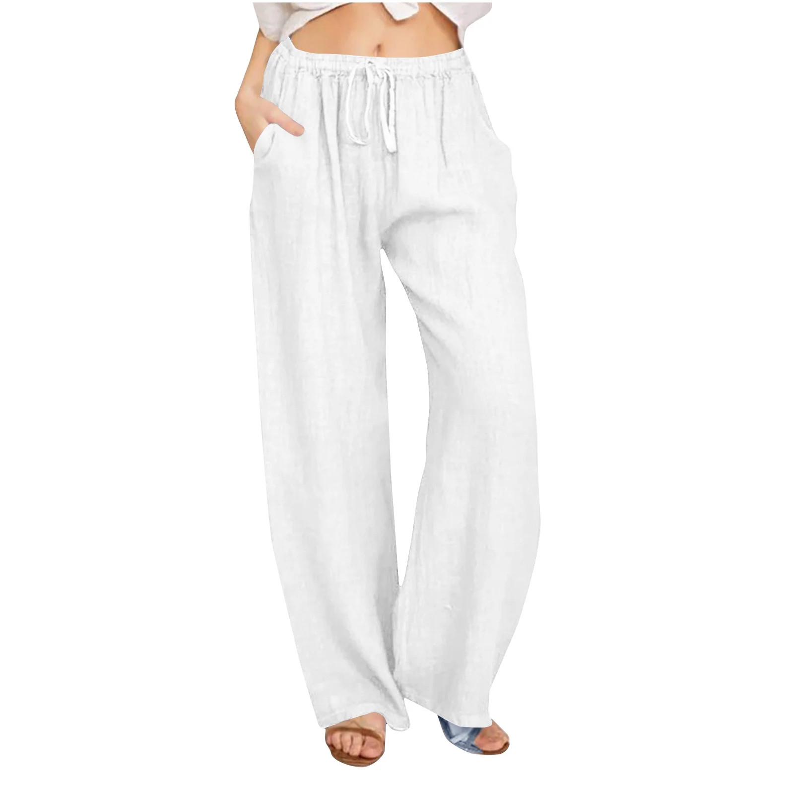 POROPL Linen Pants Women Loose Wide Leg Drawstring Elastic Waist Pants With Pocket - Walmart.com | Walmart (US)