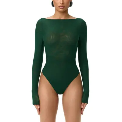 Naked Wardrobe Mesh Bodysuit in Pine Green at Nordstrom, Size X-Small | Nordstrom
