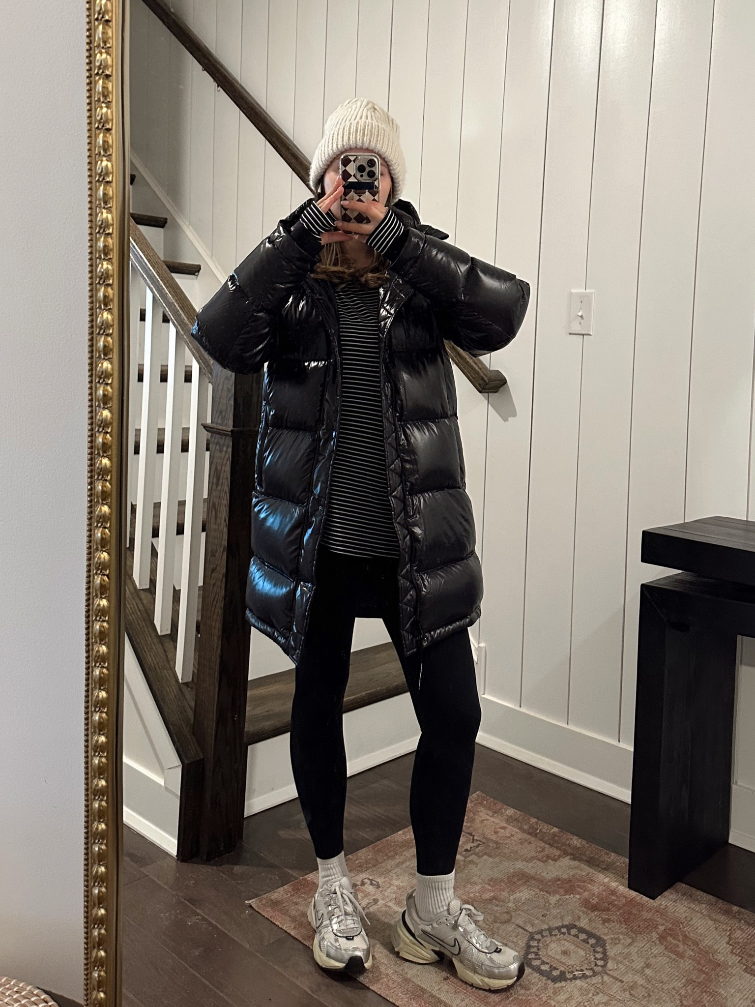 Wearing a small in the coat, medium in the tee! I go up 1/2 size in the sneakers! I’m normally a 7 and wearing the 7.5! 