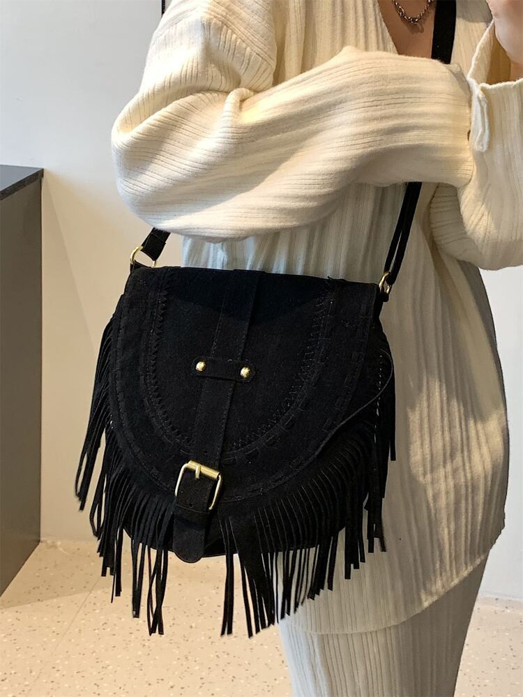 EMERY ROSE Fringe Trim Corduroy Flap Saddle Bag | SHEIN