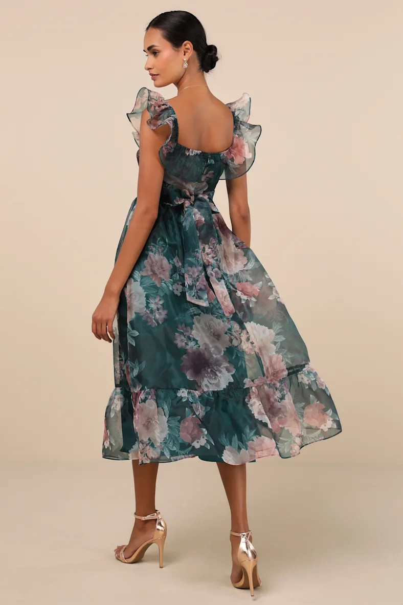 Sweet Composure Green Floral Organza Off-the-Shoulder Midi Dress | Lulus