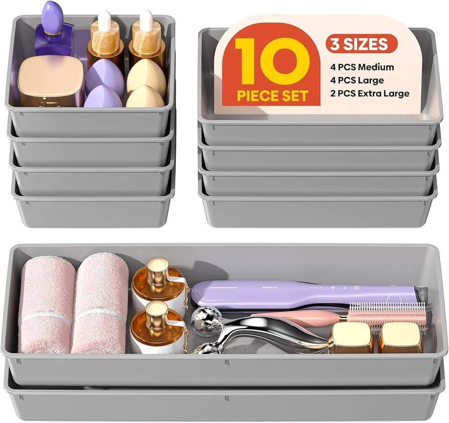 10 Pack Large Size Plastic Drawer Organizers Set, 3 Sizes Desk Drawer Organizer Trays, Storage Bi... | Amazon (US)