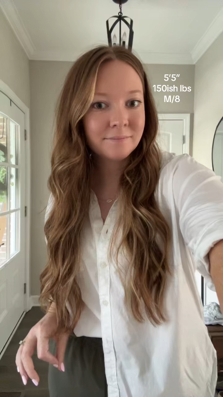 Oversized white button down / wearing a small 
Drawstring workwear pants / tts wearing a medium 
Ugg slippers/ tts 
Evil eye necklace and bracelet 
Gold watch 
Silver ring 

#LTKWorkwear #LTKFindsUnder100 #LTKSummerEdit