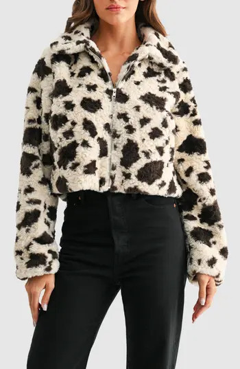 All in Favor Animal Print High Pile Fleece Jacket in Cream Chocolate at Nordstrom Rack, Size Large | Nordstrom Rack
