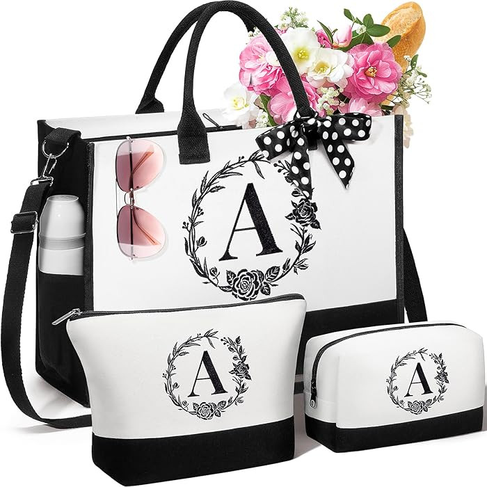 Personalized Christmas Gifts for Women, Initial Canvas Tote Bag & Makeup Bag Monogrammed Beach To... | Amazon (US)