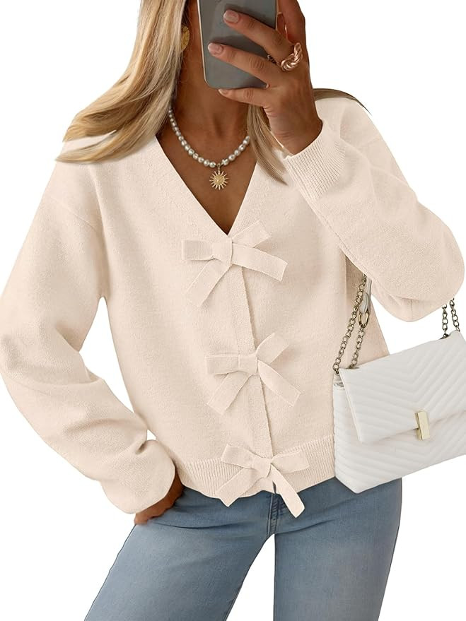 LILLUSORY Womens Cropped Cardigan Sweater Chunky Knit Tie Front Bow Fall Top V Neck Outfits Cute ... | Amazon (US)