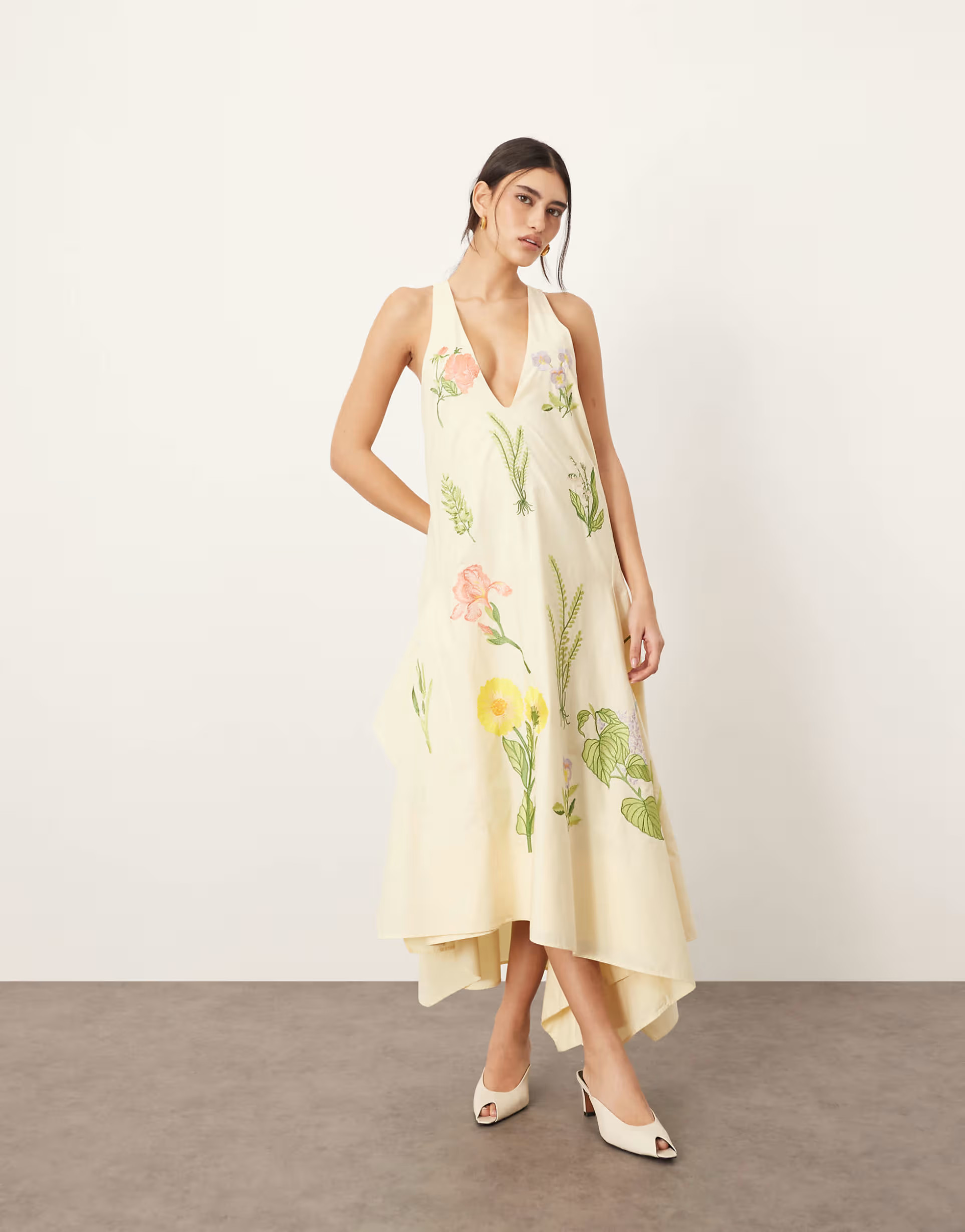 ARRANGE cotton floral embroidered plunge midi dress in buttermilk | ASOS (Global)