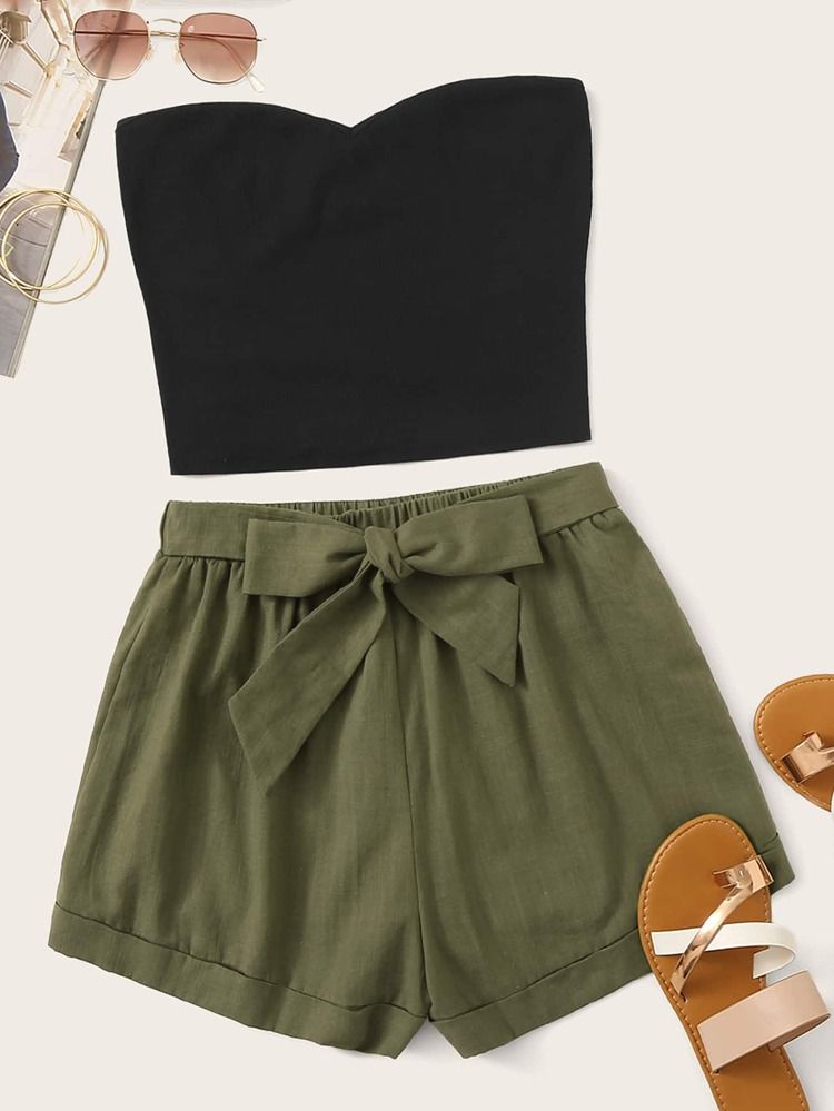 Solid Tube Top & Belted Shorts Set | SHEIN