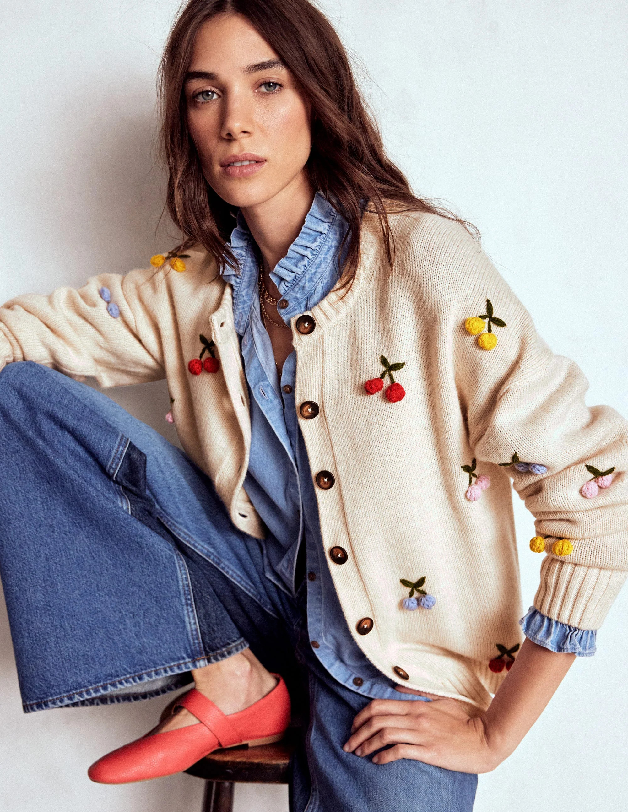 Natalie Embroidered Cardigan-Oatmeal Melange, Cherry | Boden (US)