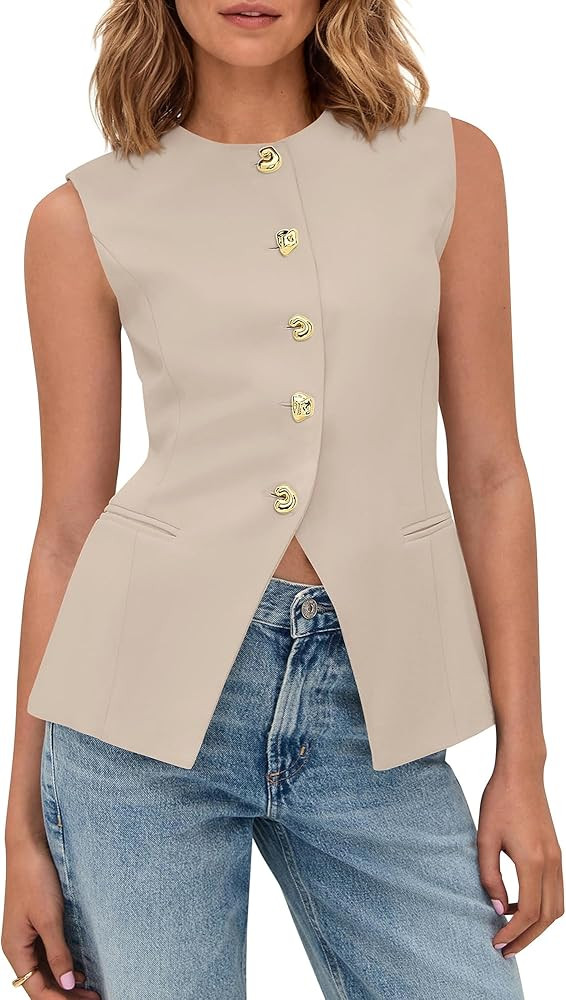 BTFBM Blazers for Women Vest Tops Business Casual Outfits Button Down Sleeveless Pockets Office W... | Amazon (US)