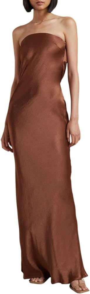 Women Satin Tube Top Maxi Dress Strapless Long Bodycon Open Back Dress Club Party Evening Formal ... | Amazon (US)