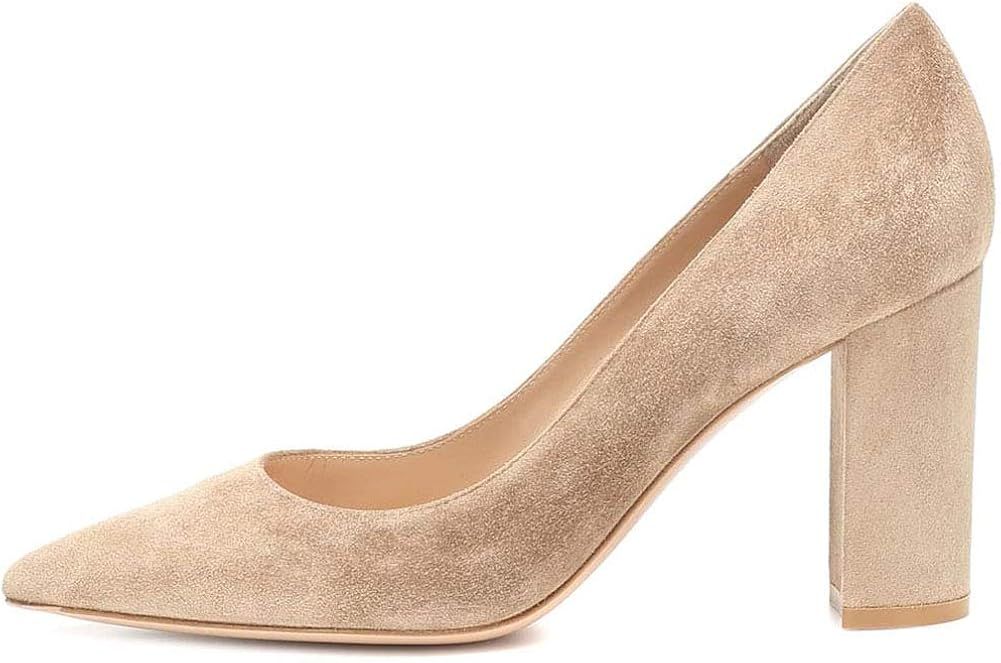 Divanne High Heels, Women's Suede Pumps Pointy Toe Block Heels Slip-On Dress Office Shoes | Amazon (US)