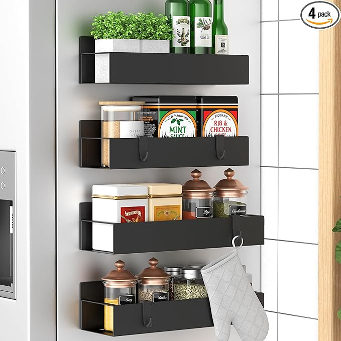 HuggieGems Metal 4 Pack Magnetic Spice Storage Rack Organizer for Refrigerator and Oven, Black Fr... | Amazon (US)